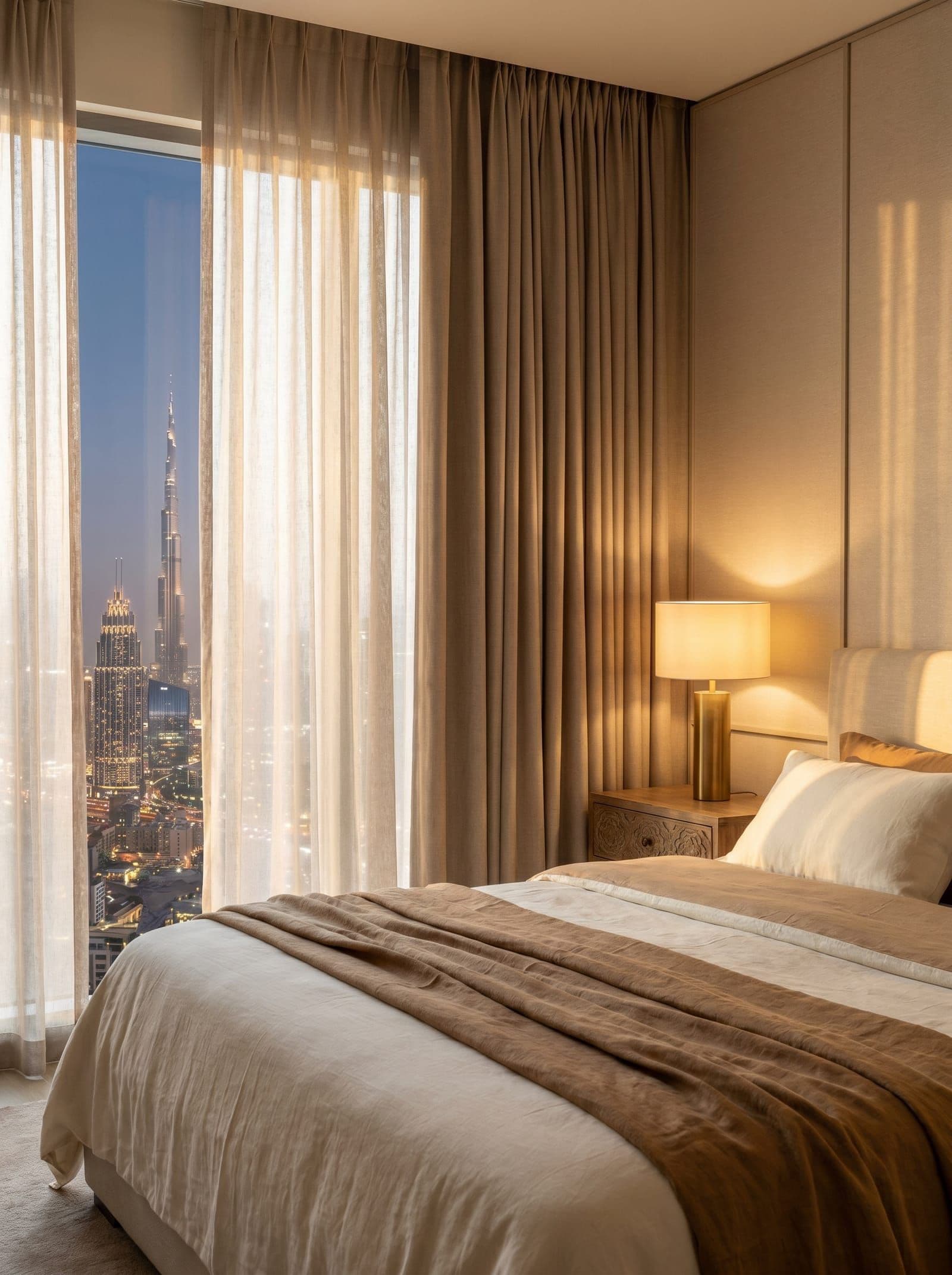 Full-height curtains framing a Dubai night skyline
